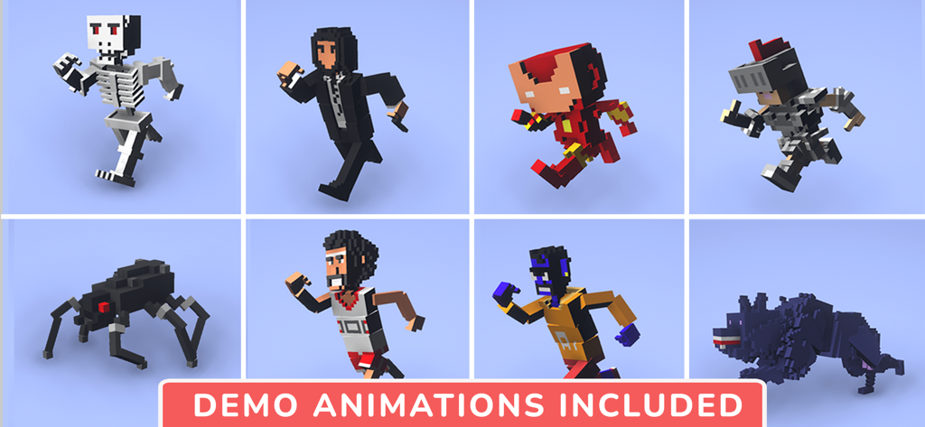 Ein Raster aus acht 3D-Voxel-Charakteren in verschiedenen Action-Posen, die die in der Animatoon-App enthaltenen Demo-Animationen demonstrieren.