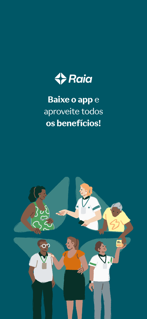 Raia - Farmácia 24 horas - Raia pharmacy app splash screen featuring an illustration of customers and pharmacists