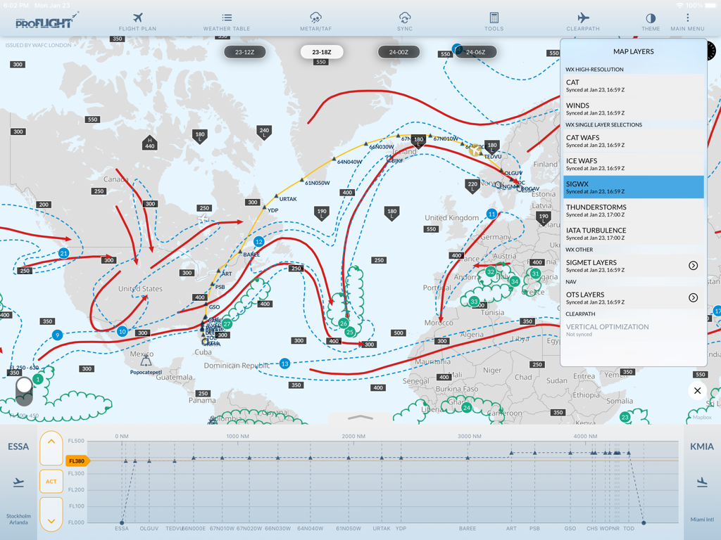 AVTECH proFLIGHT interface displaying a global aviation weather map with flight layers and a vertical profile view