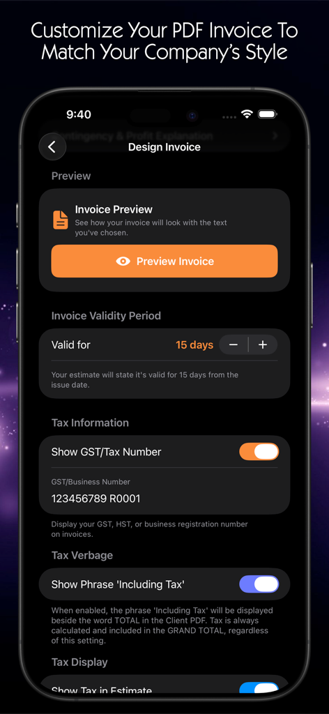 Paving Estimator - Interface for customizing PDF invoice details and tax information in the Paving Estimator app