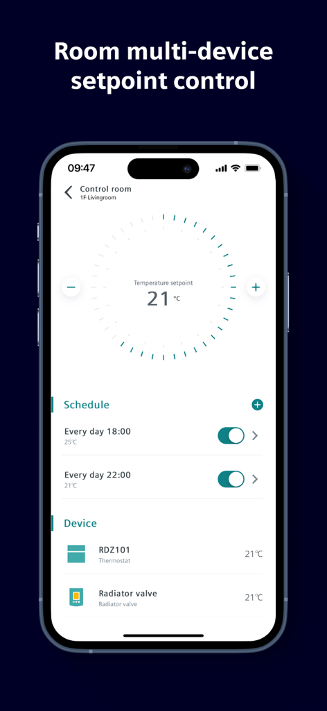 Siemens Connected Home - Siemens Connected Home app interface showing living room temperature setpoint control and daily heating schedule