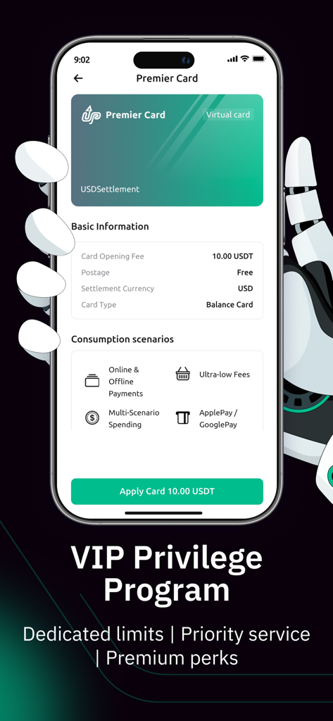 UPay Wallet Premier Card application screen with VIP Privilege Program benefits