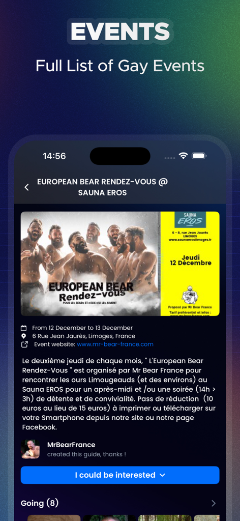 Mobile app screen from BEARWWW displaying a list of gay community events including the European Bear Rendez-vous