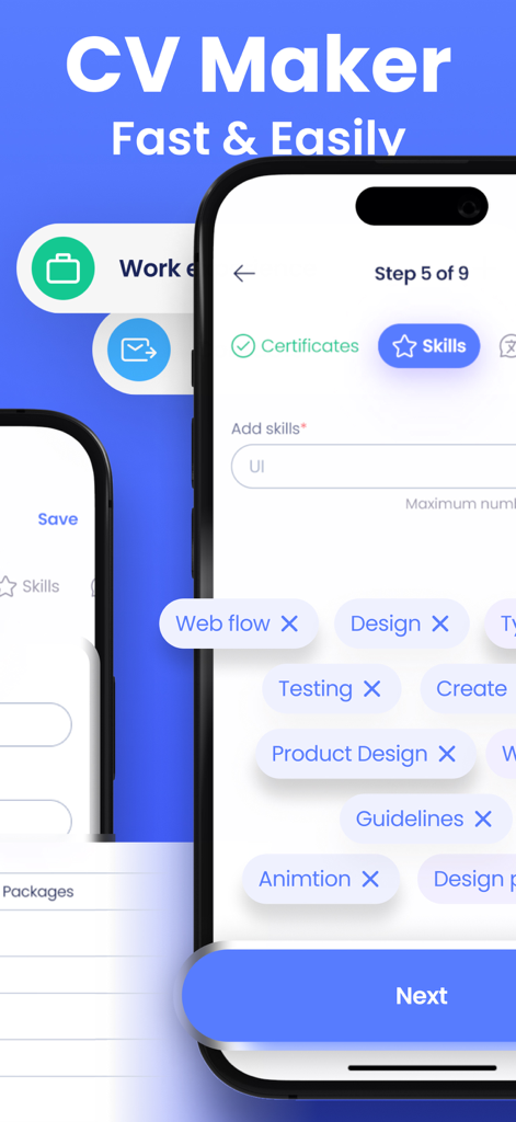 PDF CV Builder: Resume Maker - デザインとWebフローのタグが付いたPDF CV Builderアプリのスキルセクションを示す携帯電話画面