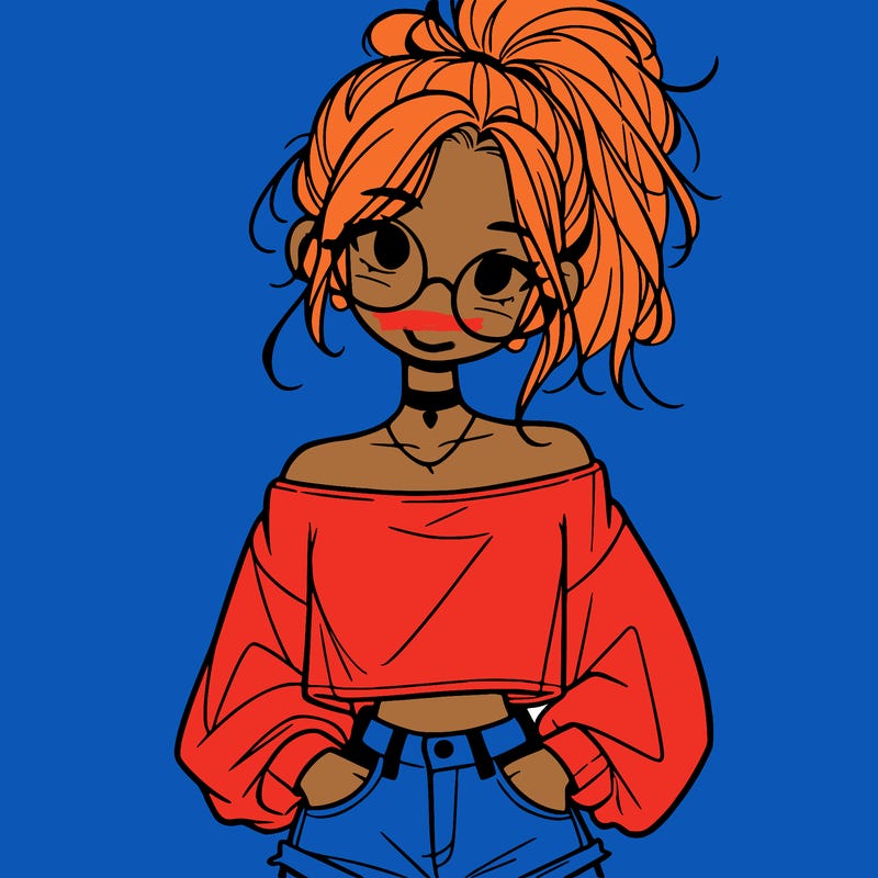 girl with a messy ponytail glasses a baggy crop top and jean shorts