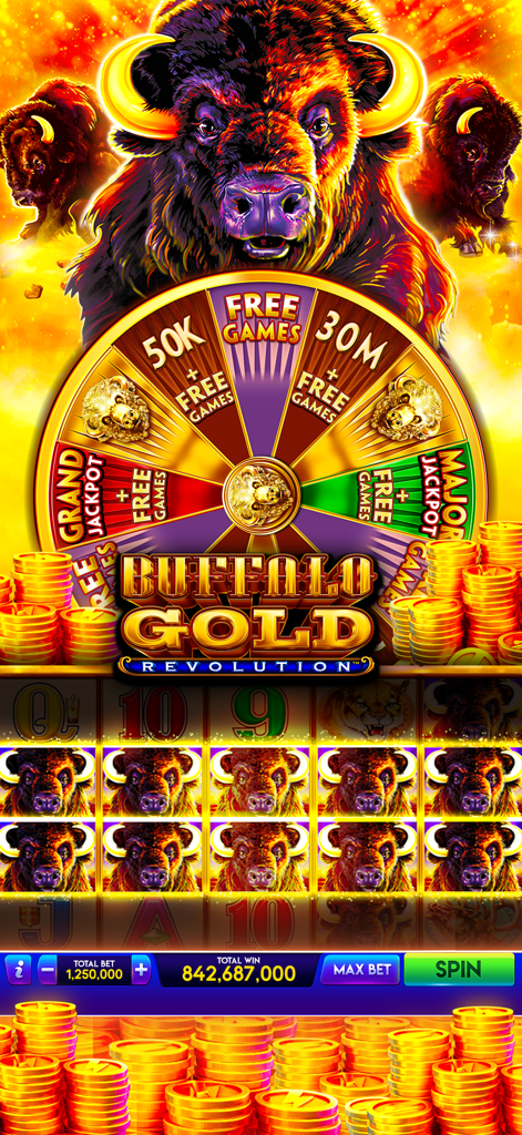 Machine à sous Buffalo Gold Revolution dans Lightning Link Casino montrant une roue bonus et des pièces d'or