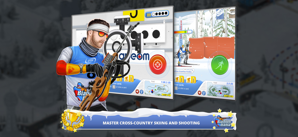 Biathlon Mania mobile game screens showing cross-country skiing and target shooting gameplay.