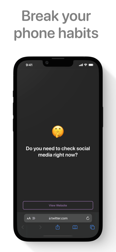 iPhone screen showing Browser Note app asking Do you need to check social media right now on Twitter