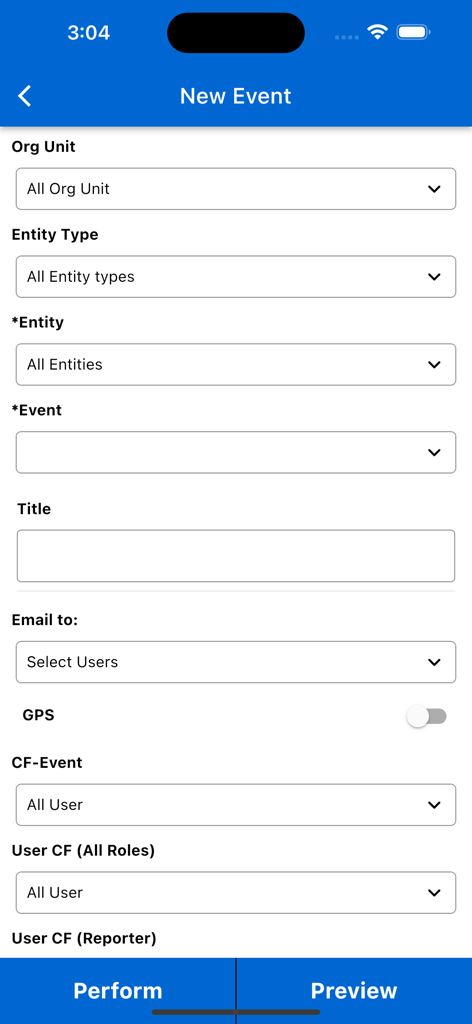 Interface of the CMO Compliance V19 app showing a form to create a new event with fields for Org Unit, Entity Type, and Event Title.