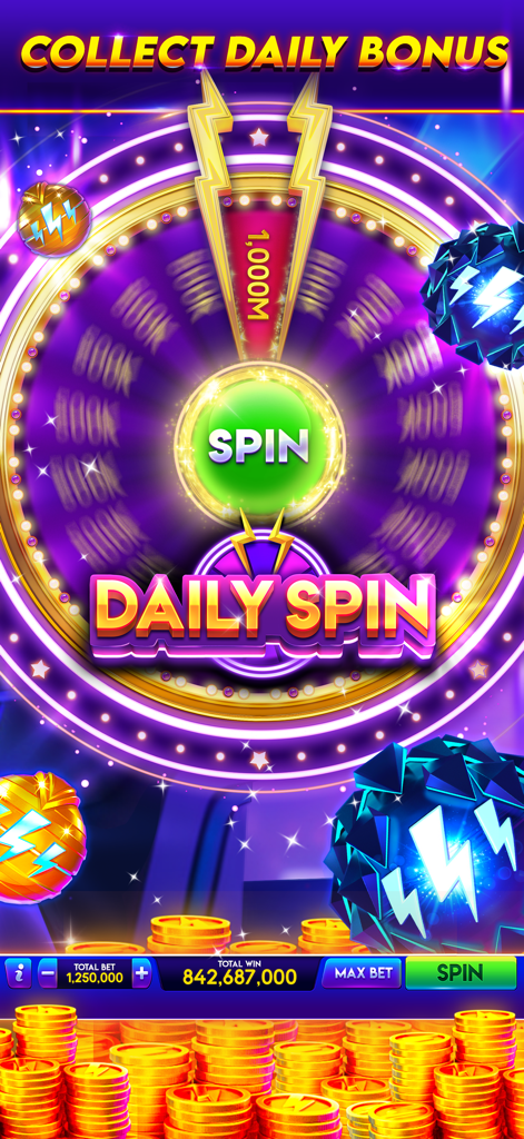 Une roue de bonus de tour quotidien violette et dorée dans l'application Lightning Link Casino offrant des bonus de pièces virtuelles.