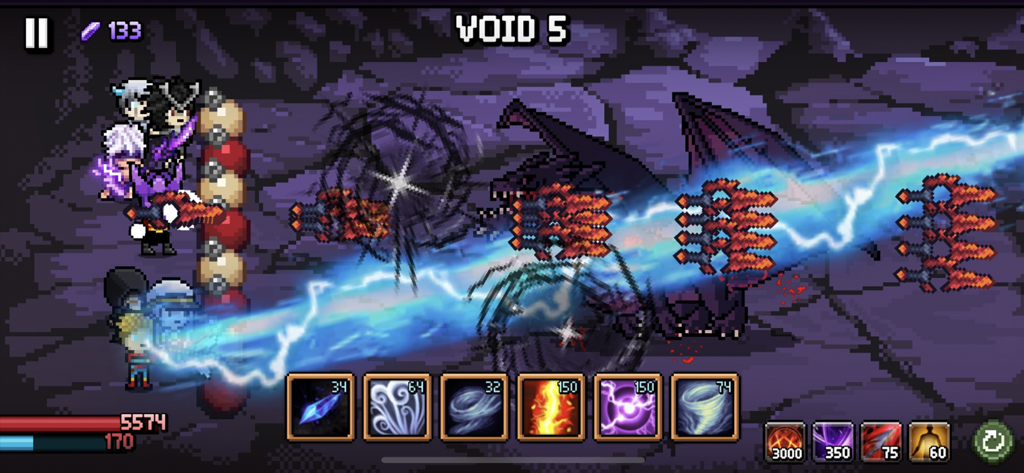 A pixel art dragon boss battle in Days Bygone Castle Defense featuring hero spells and magic beams