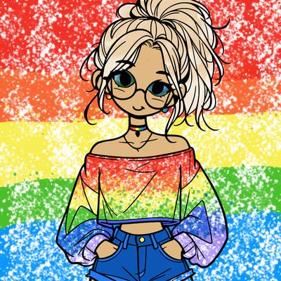 girl with a messy ponytail glasses a baggy crop top and jean shorts