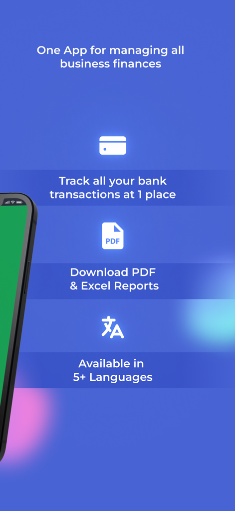 Cash Book - Balance & Expense - Overview of business finance management features including bank transaction tracking and financial report downloads