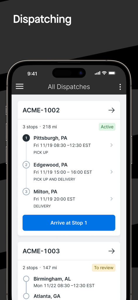 Motive Driver app interface displaying active dispatch routes and delivery stops.
