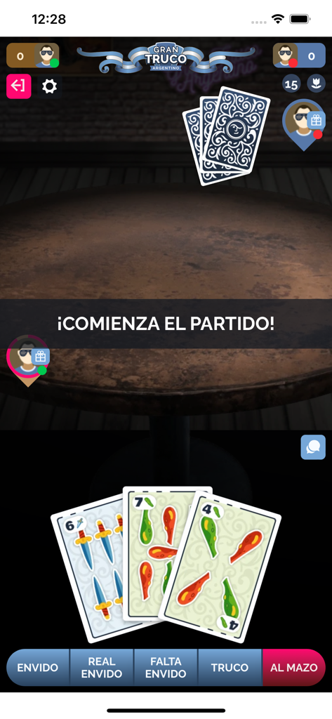 Gran Truco Argentino - Gameplay interface of Gran Truco Argentino showing a card match starting with hand options like Envido and Truco