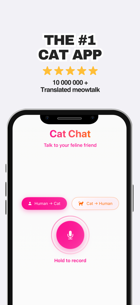 Cat Translator – Talk To Cat - Cat Translator app interface showing human to cat voice translation and a pink microphone record button