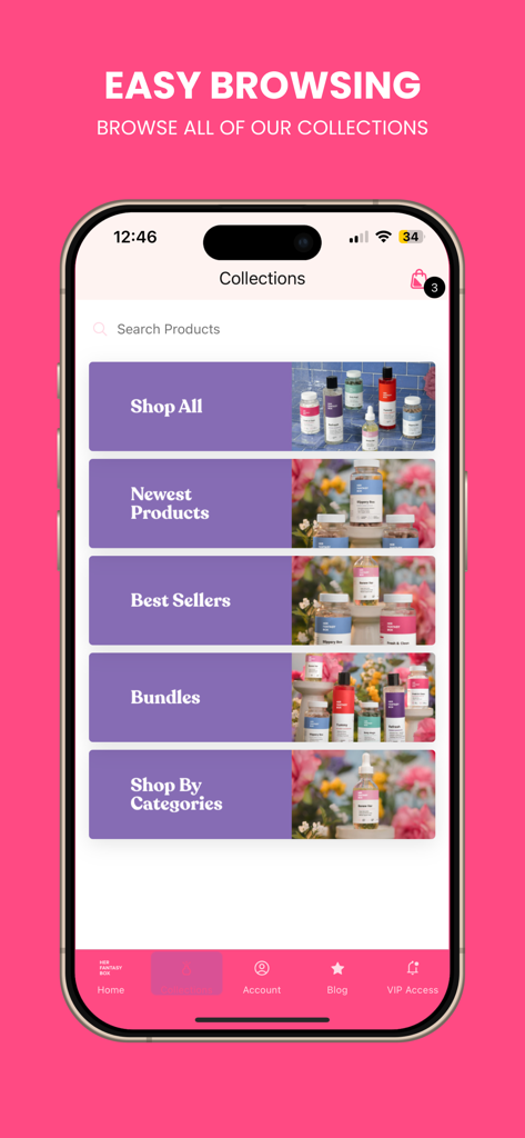 Her Fantasy Box - Her Fantasy Box mobile app collections screen showing product categories like Shop All and Best Sellers.