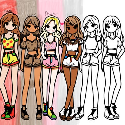 a group of girls wearing crop tops and shorts