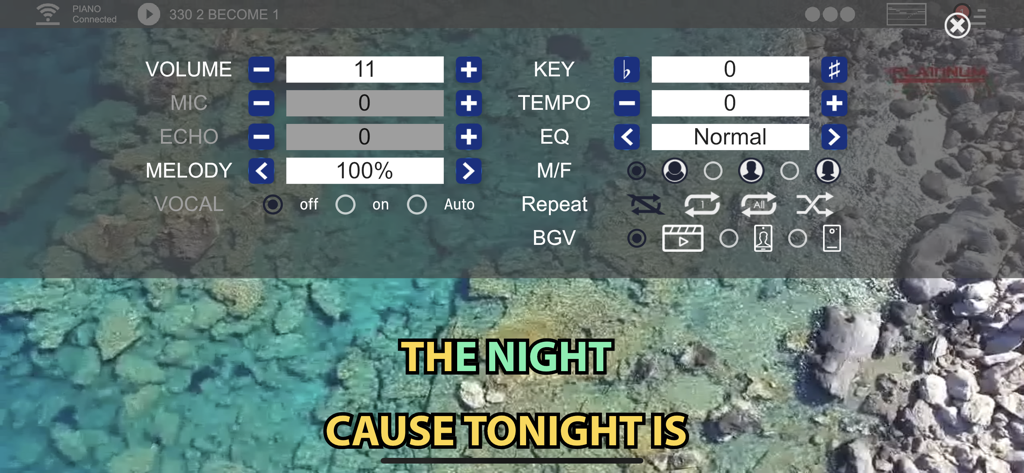 PlatinumLink app interface with karaoke audio controls and synchronized song lyrics