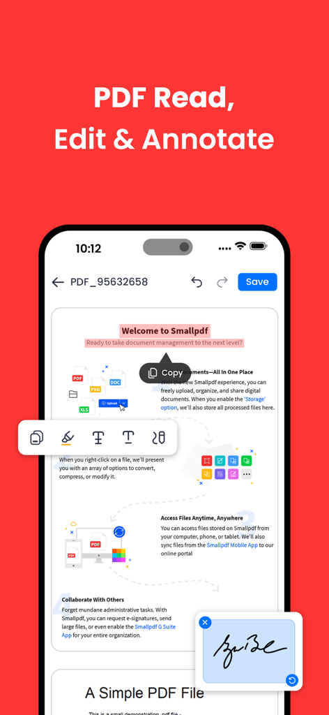 Universal File Reader - Universal File Reader app interface showing PDF editing and digital signature features on an iPhone.