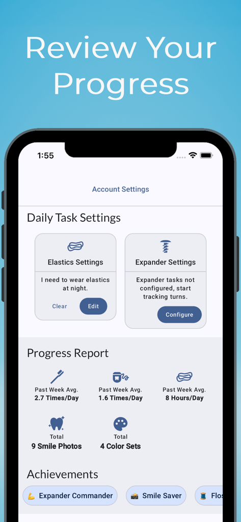 Braces Tracker - Braces Tracker app interface showing a progress report for dental hygiene tasks and orthodontic achievements