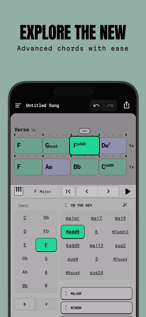 ChordButter: Easy Songwriting - ChordButter app interface showing a grid of song chord blocks and an advanced chord selection menu for songwriting