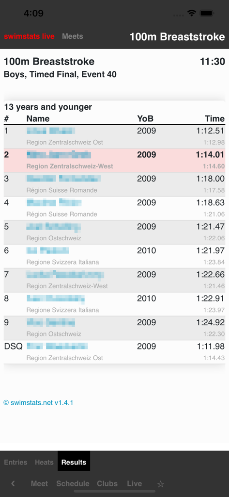 swimstats live - Swimstats live app displaying race results for 100m breaststroke boys competition
