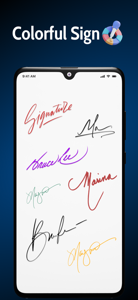 Signature Maker Sign Documents - 스마트폰 화면에 표시되는 여러 가지 다채로운 필기 서명