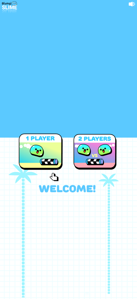 Schermata di benvenuto di Blumgi Slime con opzioni per 1 e 2 giocatori