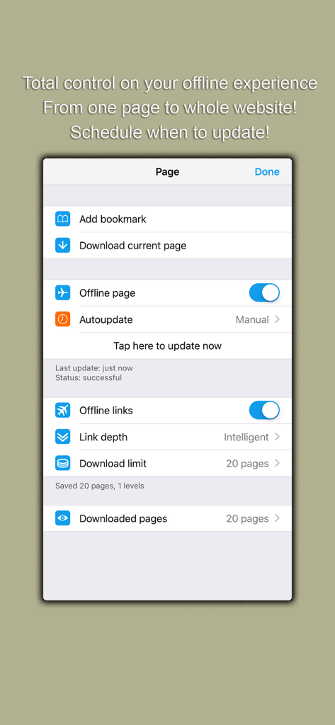 Oxygen Offline Browser - Interfaz de Oxygen Browser que muestra la configuración para descargar páginas y administrar el contenido sin conexión