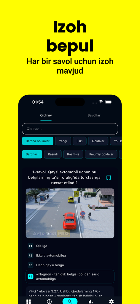 Avto Test PRO - Avto Test PRO app screen displaying a road rules question with an illustrated traffic scenario and multiple-choice answers in Uzbek