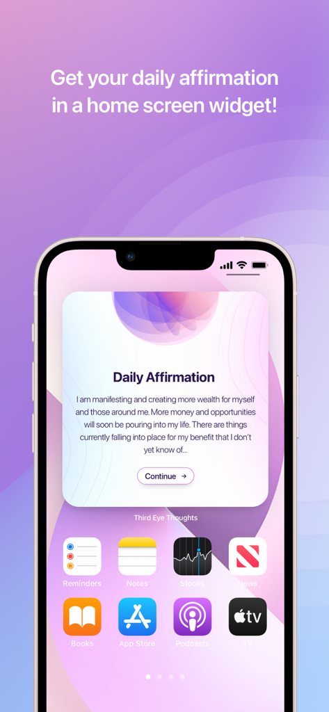 Third Eye Thoughts - スマートフォンのホーム画面。Third Eye Thoughtsアプリからの毎日のアファメーションウィジェットが表示されています。
