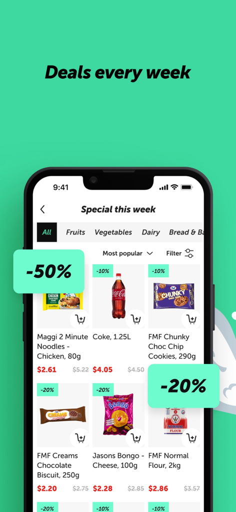 Superstore Fiji app screen showing weekly grocery deals and discounted products