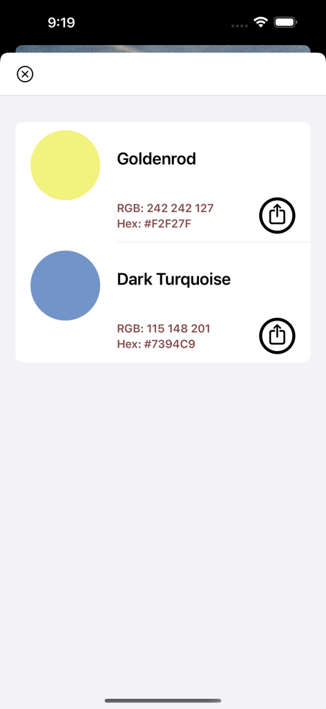 What's That Color? - Interface mostrando nomes de cores identificados com códigos RGB e Hex