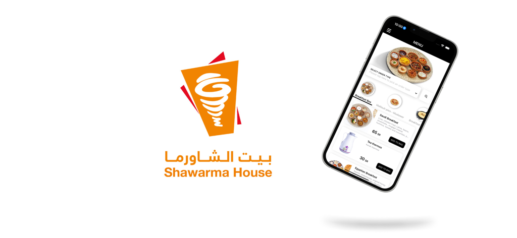 Shawarma House mobile app showing food menu and brand logo