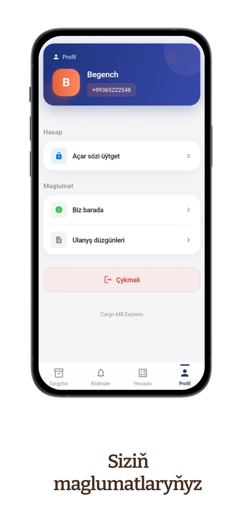 Cargo MB Express - Profile screen of the Cargo MB Express logistics app showing user account details and settings in Turkmen language