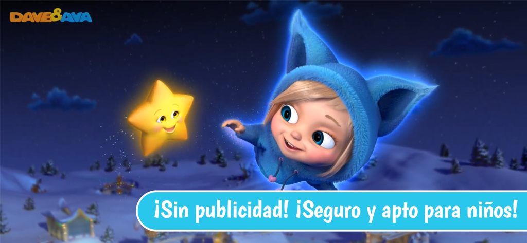 Canciones InfantiIes - Ava from Dave and Ava reaching for a smiling star with Spanish text highlighting no ads and child safety.