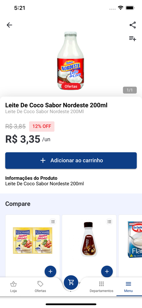 Mobile app screen showing the product detail for coconut milk with price and add to cart button
