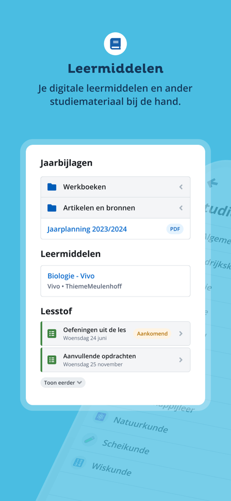 Somtoday app interface displaying digital learning materials and course assignments