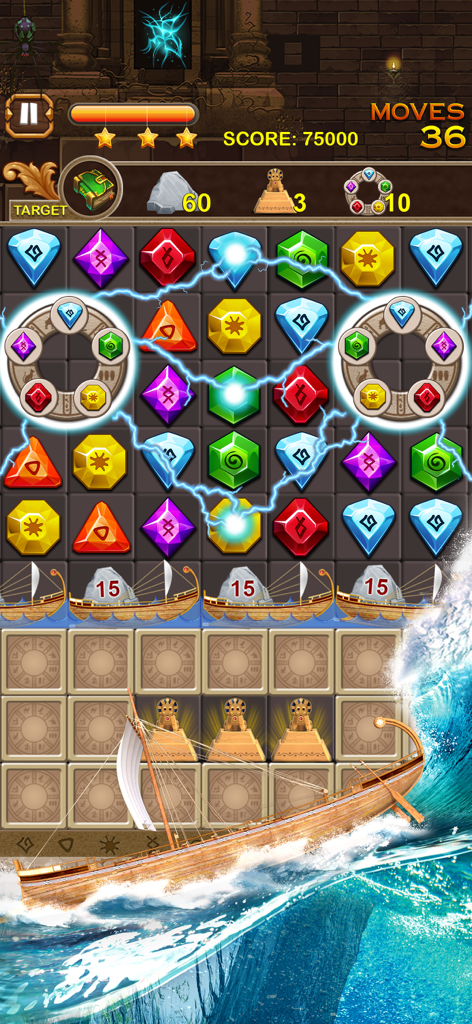 Jewel Ancient Treasure - Gameplay de Jewel Ancient Treasure match 3 présentant des gemmes colorées et des éléments thématiques égyptiens