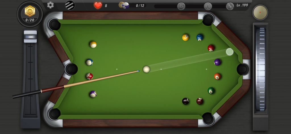 A top-down view of a pool game in Pooking Billiards City showing a cue stick aiming at balls on a green table