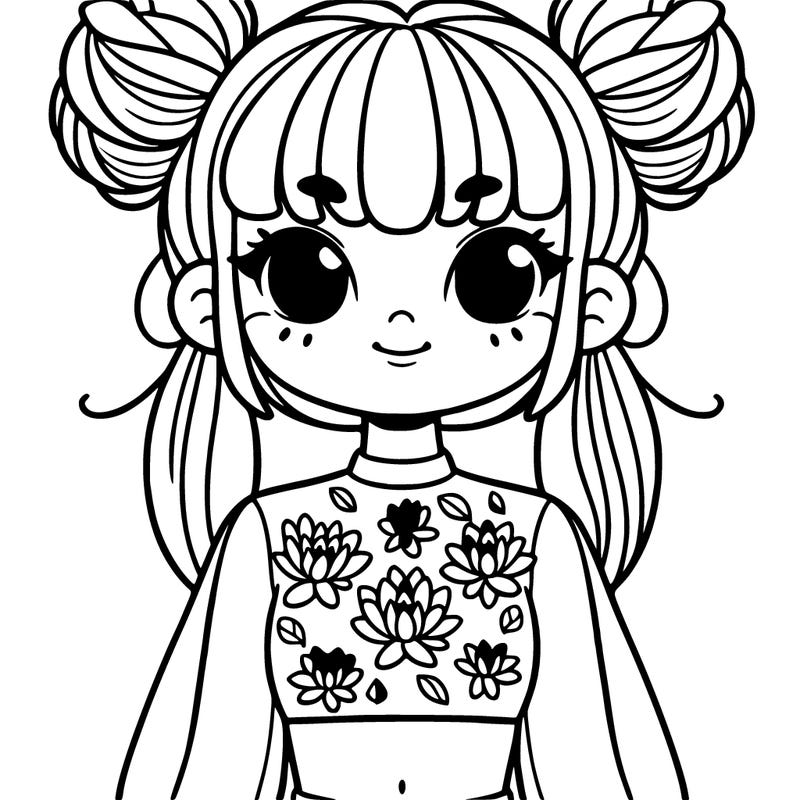 girl with a fringe and bun pigtails with crop top with water lillys on it