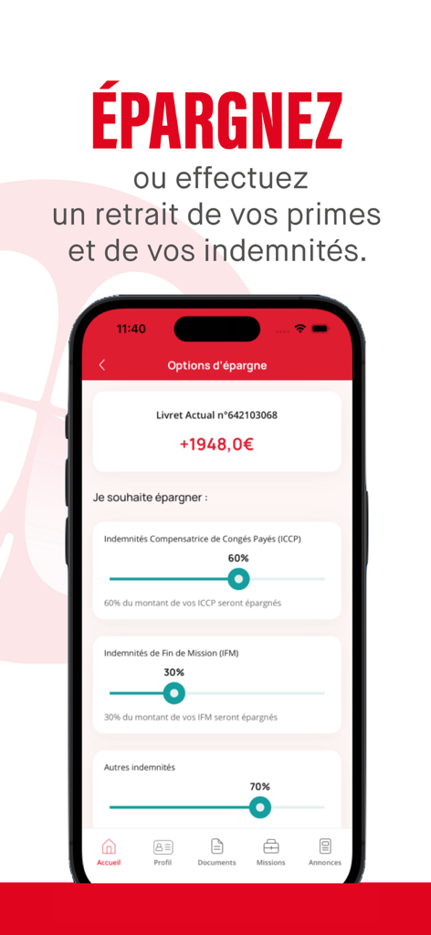 Interfaccia dell'app my actual che mostra opzioni per salvare o prelevare bonus e indennità di lavoro