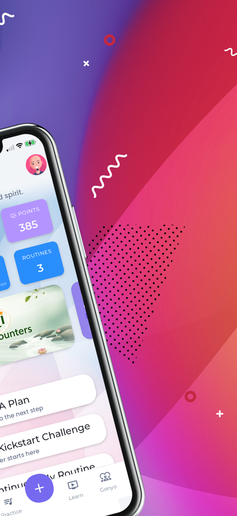 Onenergy Qigong and Meditation - Tela de smartphone mostrando a interface do aplicativo Onenergy Qigong com rastreamento de Pontos de Qi e desafios de rotina diária