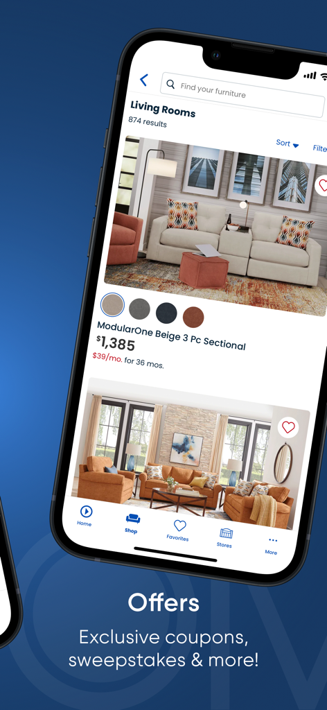 Rooms To Go - Rooms To Go mobile app interface showing living room furniture options and exclusive coupons.