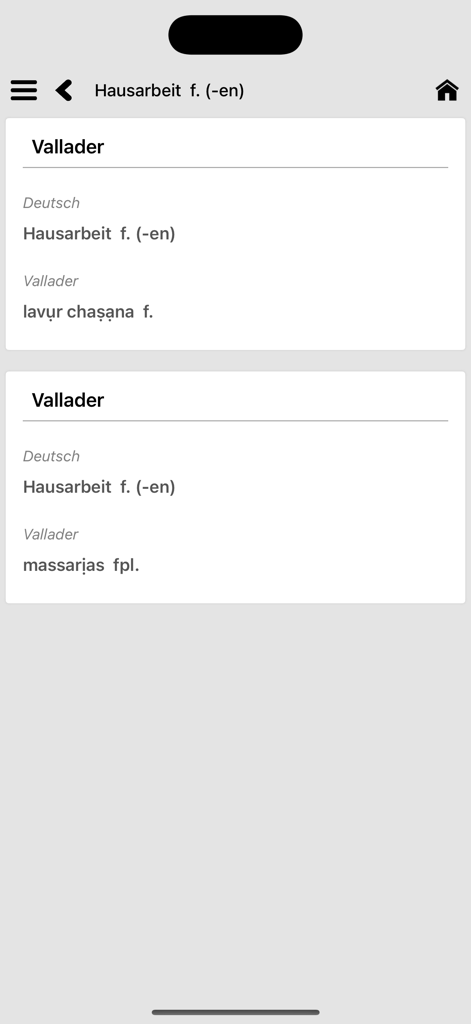 German to Romansh Vallader translation screen in the dictionary app