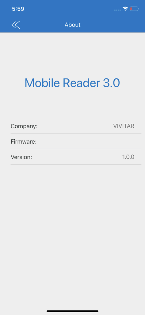Mobile Reader 3.0 - Pantalla Acerca de de la aplicación Mobile Reader 3.0 que muestra información de la versión y el nombre de la empresa Vivitar