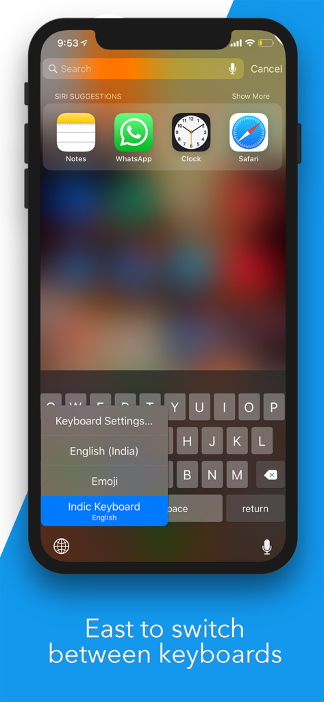Indic Keyboard : 13 Languages - iPhone screen showing the keyboard selection menu with Indic Keyboard highlighted