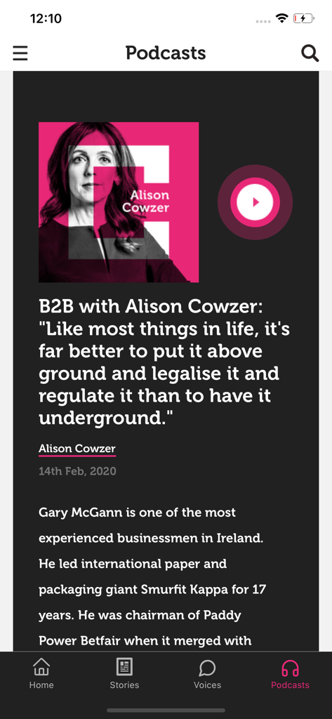 The Currency News - Interface de podcast do aplicativo The Currency News exibindo um episódio com Alison Cowzer