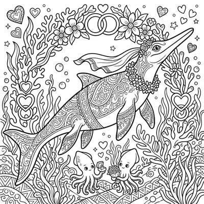 Discover a truly unique underwater romance with this Besanosaurus wedding coloring page. Featuring a beautifully adorned ichthyosaur and adorable octopus attendees, it's a delightful blend of prehistoric wonder and festive celebration.